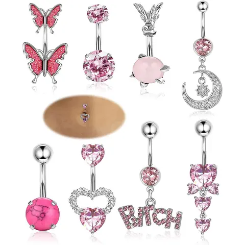 Summer Letter, Butterfly, Moon & Rhinestones Sparkle Charms Decor Belly Button Rings, Navel Ring for Women, Body Piercings, Casual Belly Piercing Body Jewelry, Back to School Daily Decor for Girls, Navel Rings Set