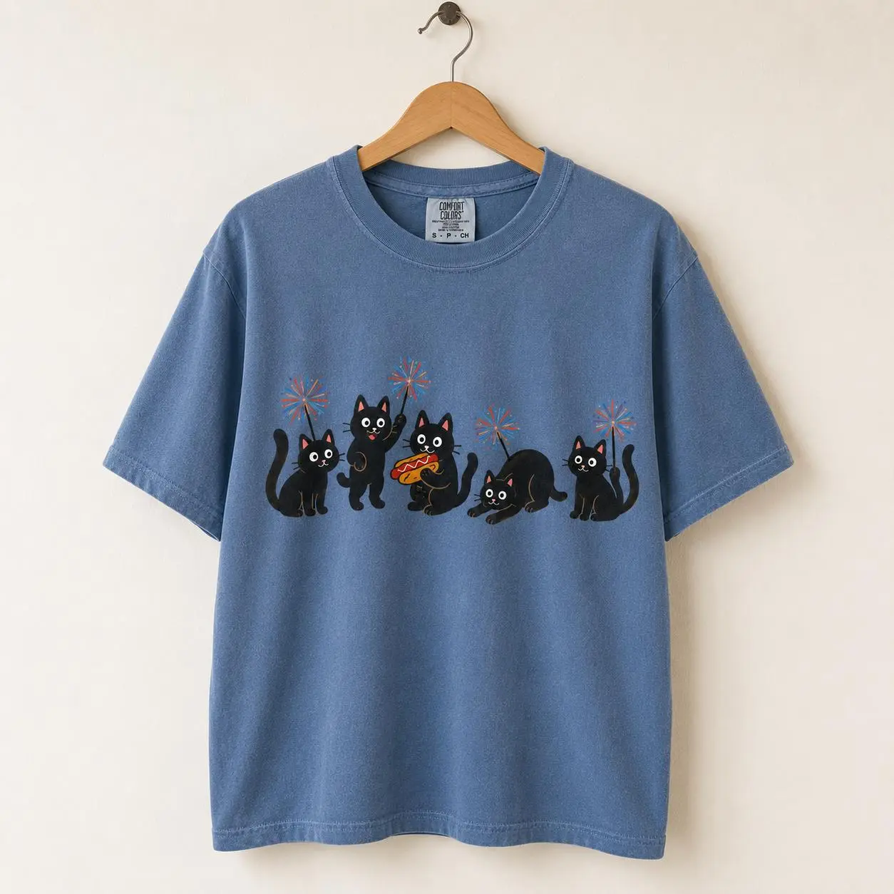 Comfort Colors Funny Patriotic Cat Shirt, Firework Black Cat Graphic Tee, Cute 4th Of July Cat Lover T Shirt Summer Top Womenswear Tshirt