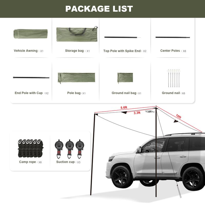 FEIWOOD GEAR Car Awning for SUV, 10 x 5.6 FT Van Truck Awning for Camping, Needn't Roof Rack Hardwares Waterproof UV50+
