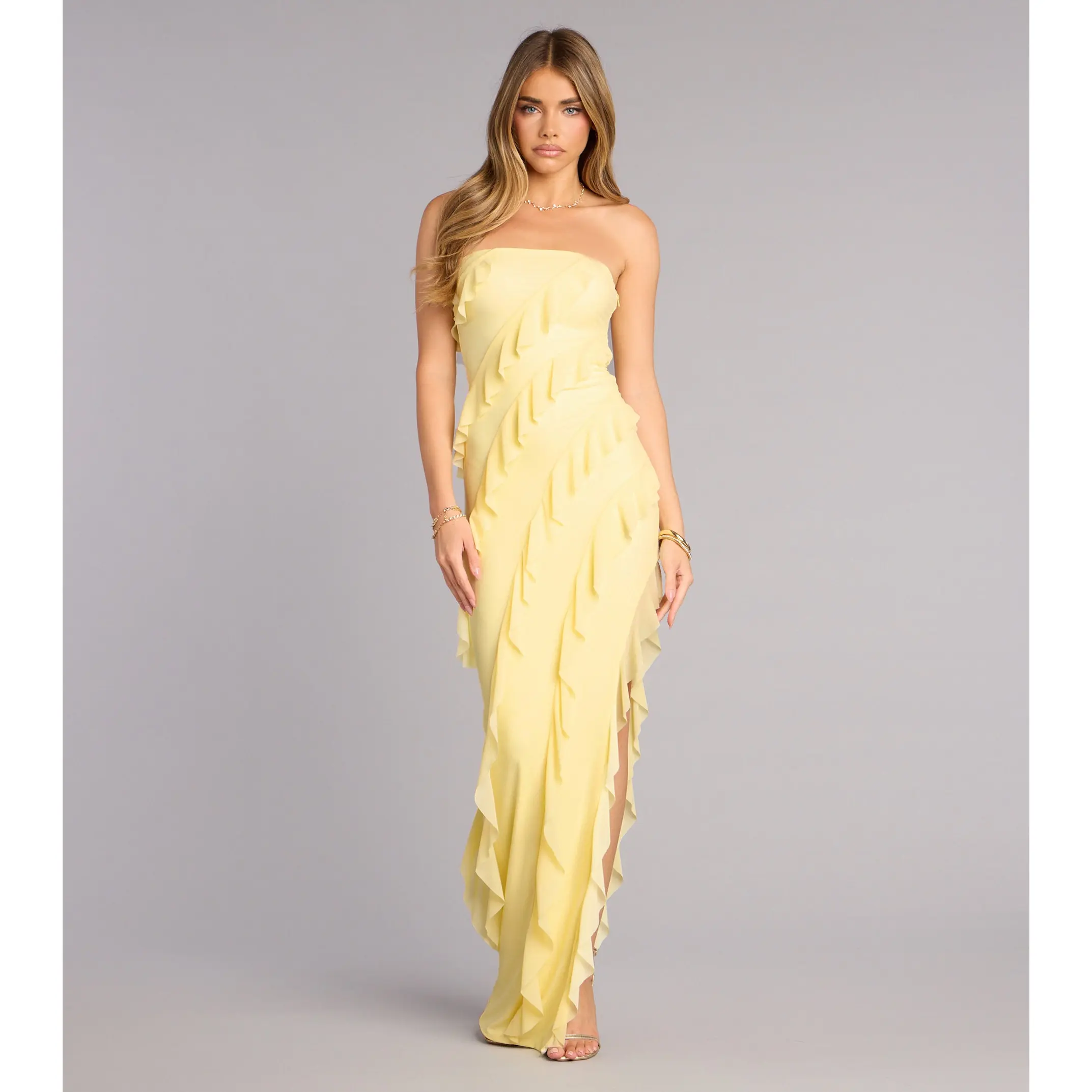 Gabby Formal Mesh Strapless Ruffle Long Dress - TikTok Shop
