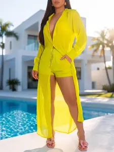 Women’s Sheer Beach Cover Up 2 Piece Set, Flowy Long Sleeve Shirt and Shorts Resort Vacation Outfit