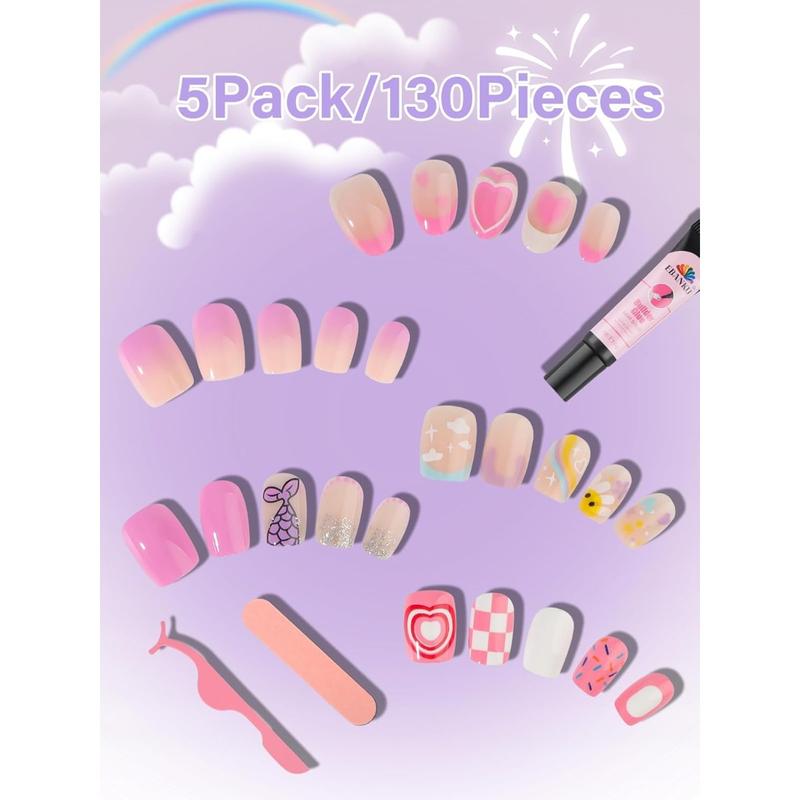 130 Pieces Press on Nails for Kids, EBANKU 5 Pack Kid Fake Nail Kit Old Cute Flower Mermaid Heart Press on Nails for Girls 8-12 Years with Jelly Nail Adhesives & Nail Builder Glue
