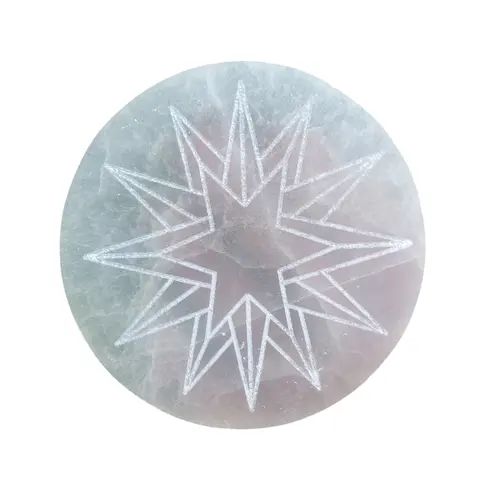 Amityville Apothecary True North Non-Natural Selenite Charging Plate - Star, Celestial Theme Inscribed Cosmic Conductor, 5.5” Across, 1.55 lbs, 0.75” Thick, Crystal Jewelry Accessory, Spiritual Home Ornament