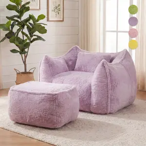 Giant Bean Bag Chair, with Footstool, Handles, and Pillows , ComfyLarge Beanbag Lounge, Fluffy Faux Rabbit Fur Floor Sofa forLiving Room Bedroom