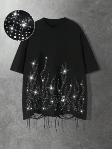 Men's Rhinestone Flame Print Loose Round Neck T-Shirt, Y2K Street Style Distressed Drawstring Short Sleeve Top, Casual Fashion Apparel, Streetwear Aesthetic