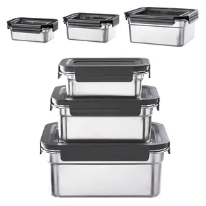 3Pcs 304 Stainless Steel Food Storage Containers with Lids, Nestable & Stackable, Leak-Proof Silicone Seal, 2500ML+1100ML+450ML, Dishwasher Safe, Straight Edge Black, Reusable Lunch Boxes for Meal Pre