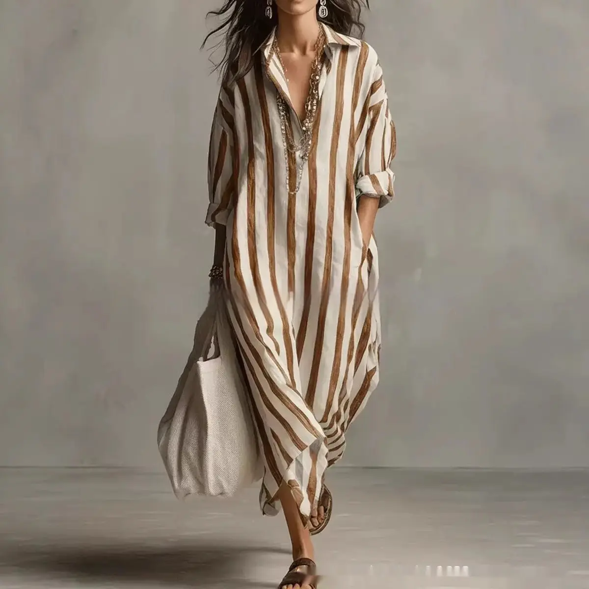 Striped Lapel Collar A-Line Dress | Side Slits & Pockets in 6 Colors