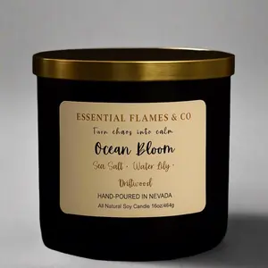 Essential Flames & Co Ocean Bloom 16 oz Candle - Sea Salt Water Lily Driftwood Scented Hand Poured in Nevada Natural Soy Wax