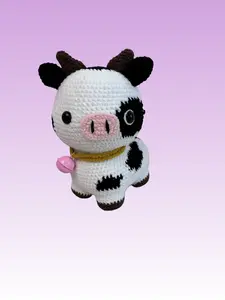 Handmade Crochet Cow in Onesie for Cow Lovers Soft Yarn Present Gift for Friend Sofa Bed Desk Home Decor Super Cute Amigurumi 3.5x2.5x6inch