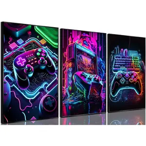 Neon Colors Unframed Game Room Decor Posters Set of 3, 16 in Plastic Canvas Wall Art, Neon Gaming Accessories Theme Gamer Console Paintings for Home Decor