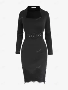 Rgothic suit dress Plus Size Gothic Bodycon Dress with Appliques Buckle Grommet Belt Long Sleeves Solid Color Machine Washable All-Season Versatile