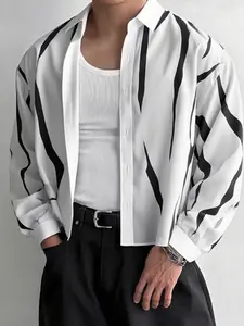 INCERUN Men's Fashion Casual Asymmetrical Printed Long Sleeve Shirt, Suitable For Daily Wear, Casual Fitted Shirt