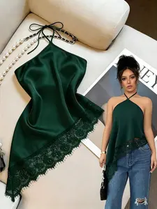 women's dark green lace trim halter cocktail top