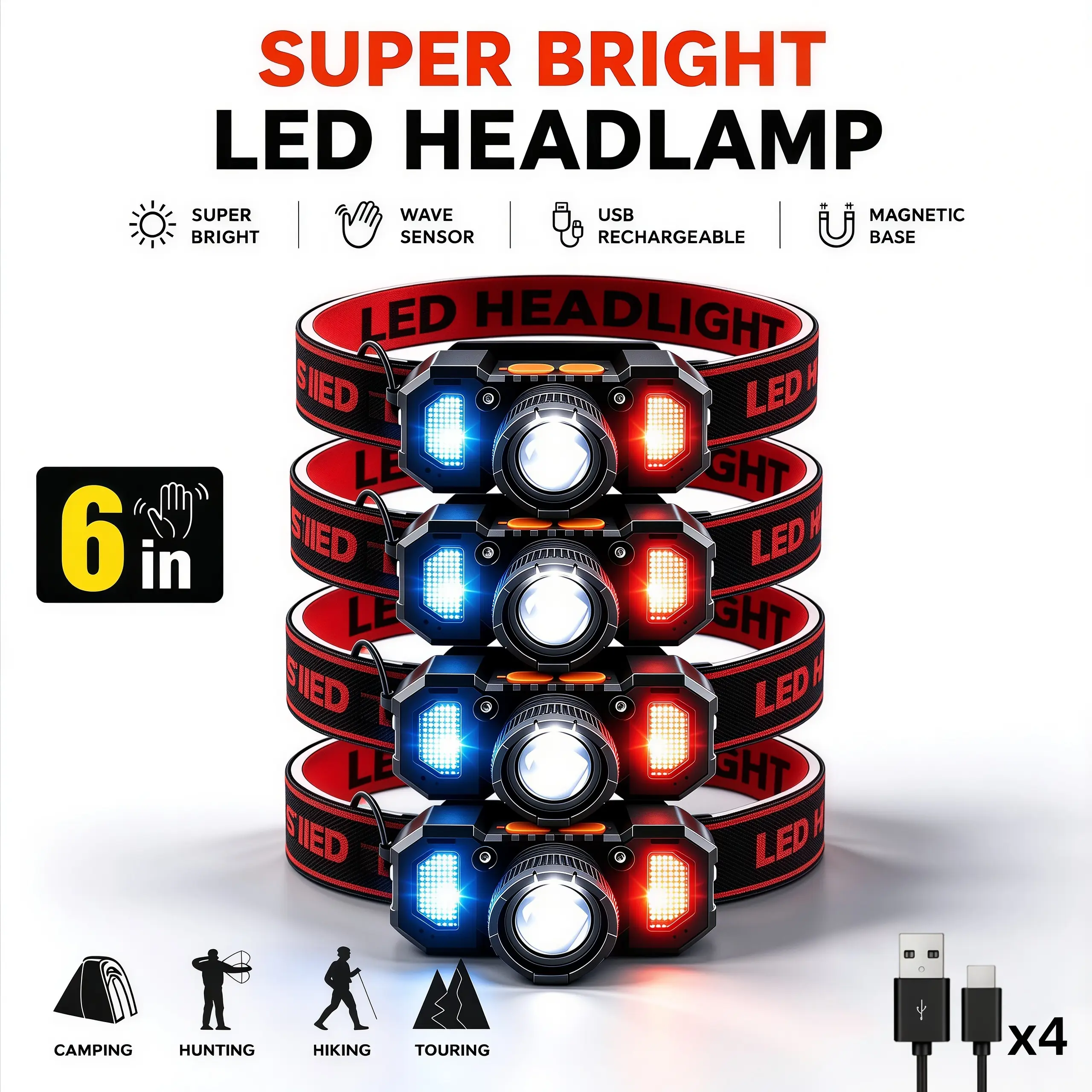 4 Pack Gesture Sensing LED Headlamp, USB Fast Rechargeable Zoomable Head Flashlight, COB Head Light with 6 Lighting Modes, Red & Blue Warning Light for Hunting, Patrol, Hiking, Running, Outdoor Night Activities