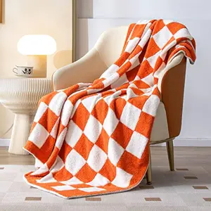 Eyesoul SeaRoomy CheckeredThrow Blanket, Soft Fluffy Microfiber Knit Throw Blanket for Couch Bed, Warm Cozy Reversible Checkerboard Knitted Blanket Room Decor(Burnt Orange