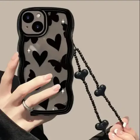 Heart and Butterfly Pattern Phone Protective Case With Wrist Strap, Shockproof Phone Protector Cover, Shockproof Tpu Cover, Phone Cases Accessories for iPhone 11 12 13 14 15 16 17Pro Max Plus Cases