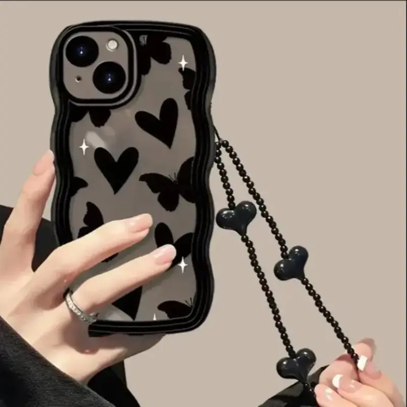 Heart and Butterfly Pattern Phone Protective Case With Wrist Strap, Shockproof Phone Protector Cover, Shockproof Tpu Cover, Phone Cases Accessories for iPhone 11 12 13 14 15 16 17Pro Max Plus Cases