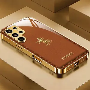 Phone Case - Brown Background Golden Prancing Horse Design Electroplated Golden designer Phone Case Protective Cover Suitable for Samsung GalaxyE 10/Note 20 Ultra/S21/S22/S23/S23 Ultra/S24/S24 Ultra/S25/S25 Ultra/S26/S2
