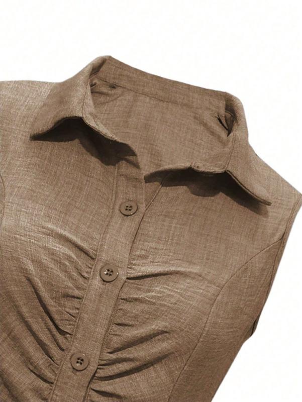 Solid Button Front Belted Shirt Dress For Summer Khaki Sleeveless A Line High Waist Flared Hem Casual Night Out Dress