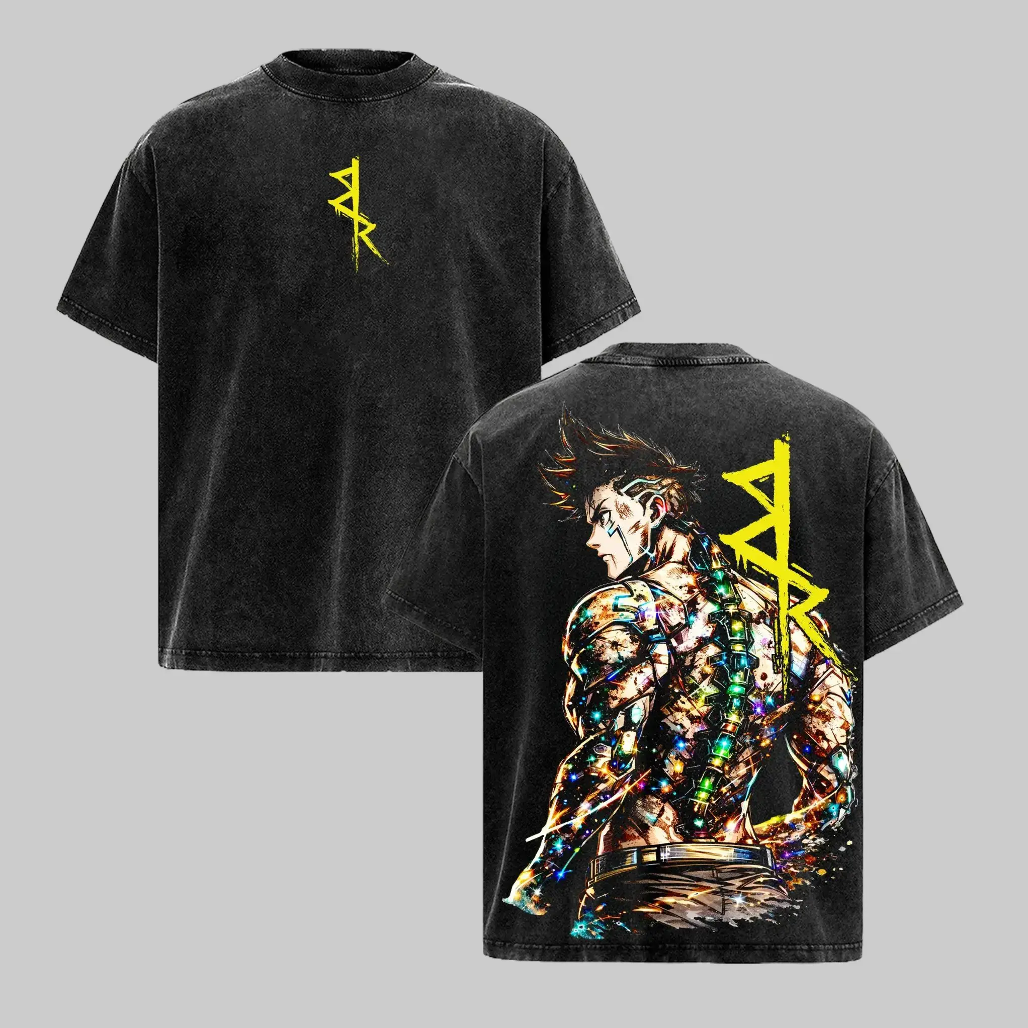 Vintage Acid Washed Anime T‑Shirt Men Women, Cyberpunk David Graphic Tee, Oversized Retro Crewneck Short Sleeve Edgerunners Inspired Streetwear T‑Shirt