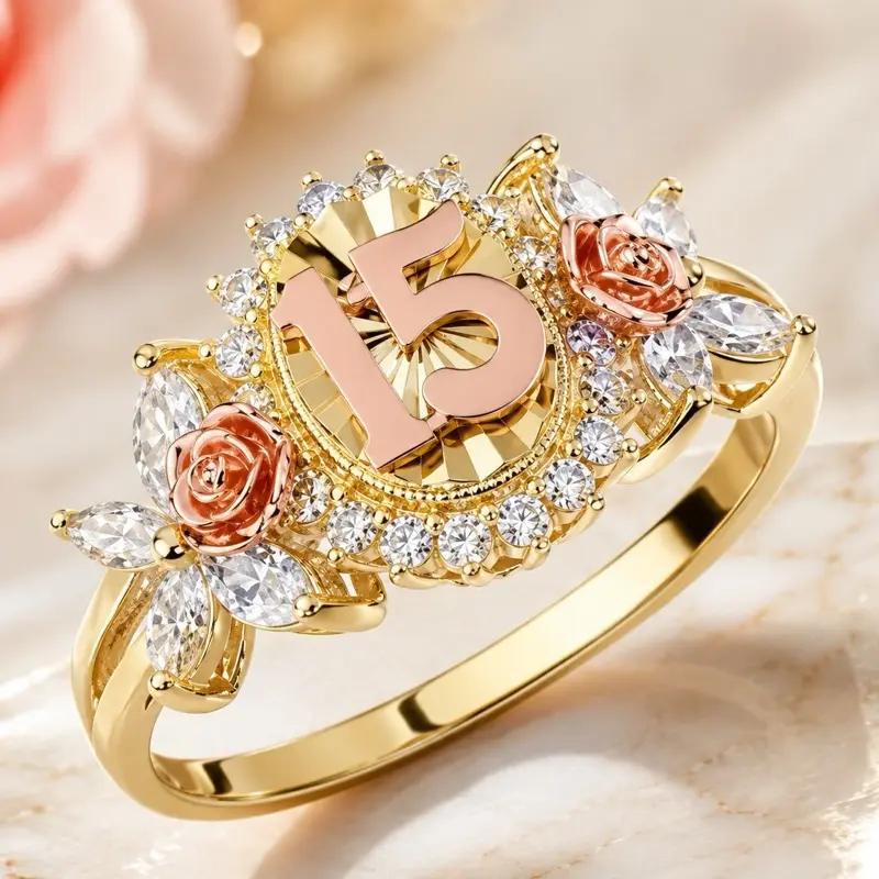 Luxury Quinceañera 14K Gold Ring- Birthday Quince Joy Milestone Significance Statement Piece