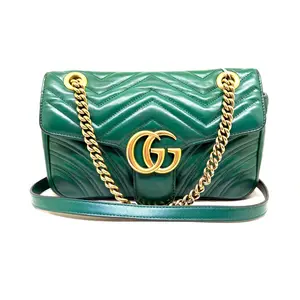 Pre-owned GUCCI Green GG Marmont Gold Hardware Medium Size Leather Crossbody Bag with Quilted Design and Chain Strap