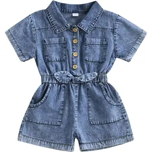 Toddler Baby Girl Summer Clothes Jean Overalls Shorts Short Sleeve Denim Romper Jumpsuit Outfit