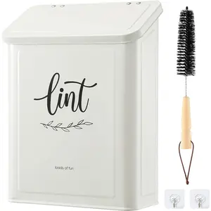 Lint Bin for Laundry Room with Lint Brush, Wall Mounted Lint Holder Trash can with lid for Dryer, Modern Farmhouse Rustic Metal Laundry Room Storage Organization and Decor(White)