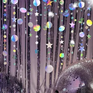 Iridescent Party Star Circle Dot Decoration Iridescent Hanging Garland Streamer Decorations Glitter Star Bunting Banner Twinkle Backdrop for Engagement Wedding Baby Shower Birthday Xmas