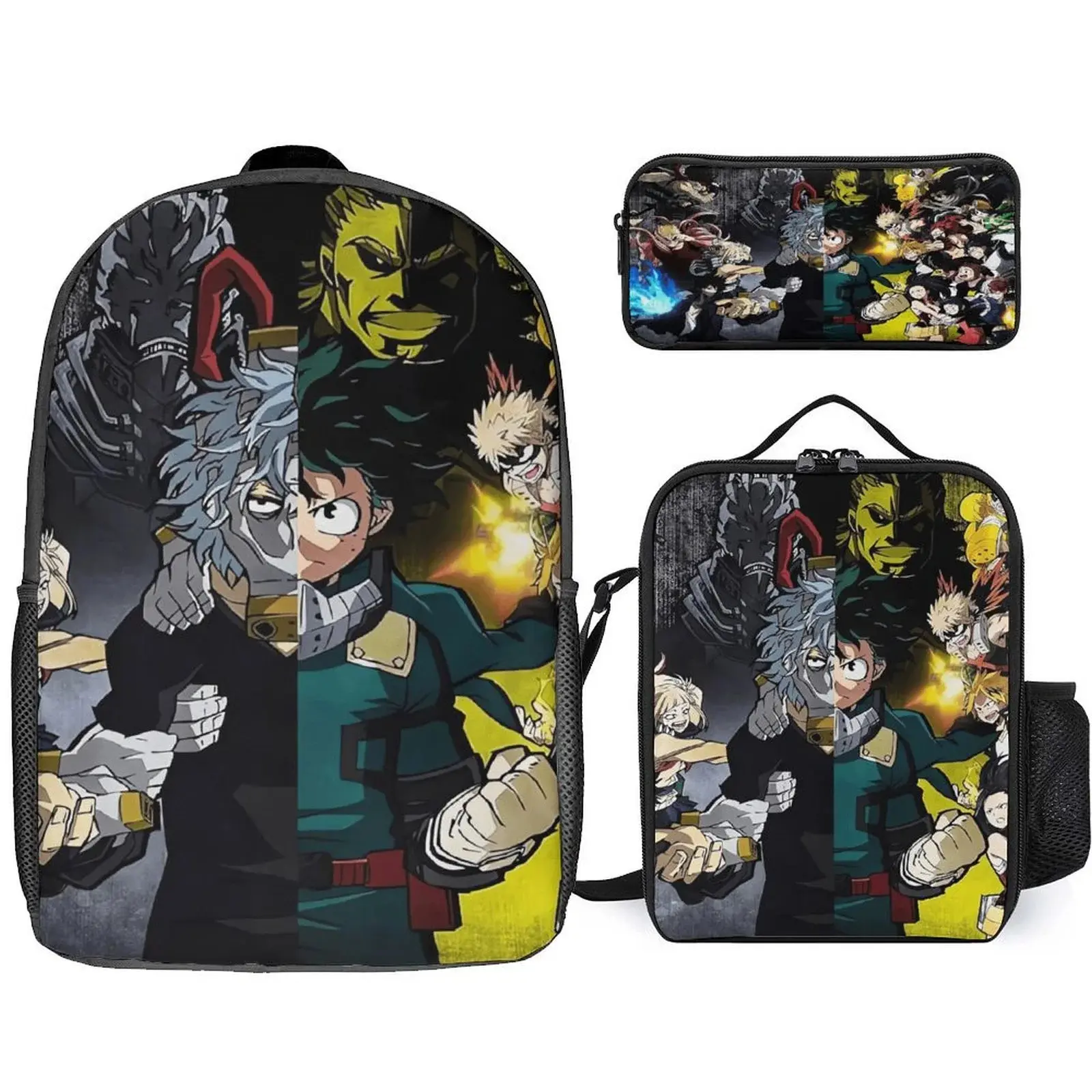 Hero-Academia Izuku Midoriya 3 Piece Backpack Set with Lunch Bag Pencil Case , High Capacity Bookbag with Lunch Box Pen Box Workplace Travel