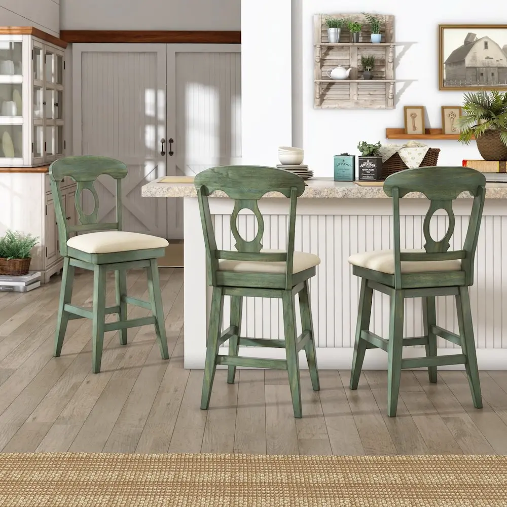 Antique Sage Finish Napoleon Back Rubberwood Swivel Chair - Rustic Distressed Look Indoor Furniture with Beige Linen Seat, Sturdy Kitchen Home Decor Chair