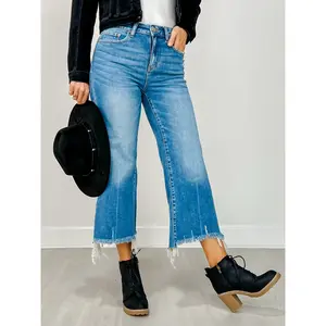 Mid Rise Straight Raw Hem Denim Pants