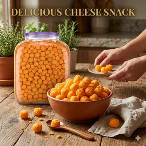 Cheddar Cheese Puff Ball Snack Barrel, Crunchy Baked Corn Snack Puffs, Family Sharing Party Tub, Light Crispy Cheese Flavor Snack, Large Resealable Container