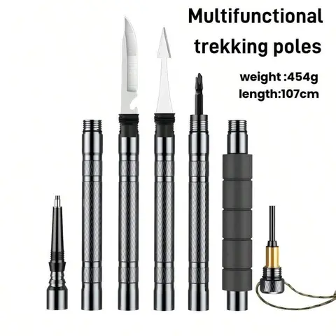7-in-1 Lightweight EVA Anti-Skid Climbing Hiking Stick - 560g Compact Aluminum Alloy Retractable Adjustable Survival Kit with Compass, Tinder, Saw Blade, Screwdriver, Pliers, Sweat-Resist Grip, Fork/Spoon Compatibility, Premium Camping Supplies
