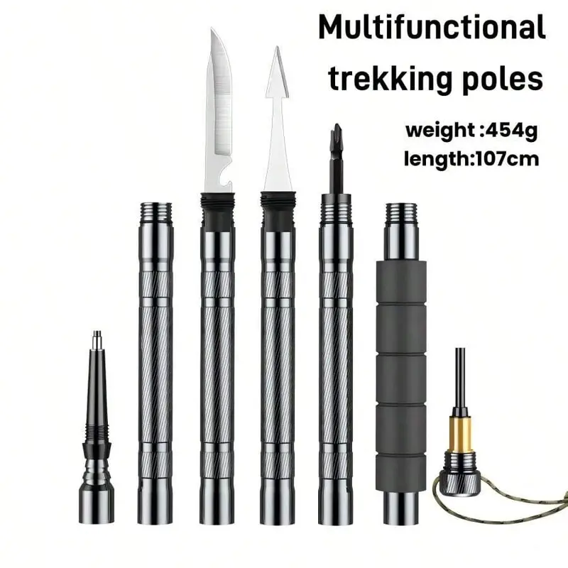7-in-1 Lightweight EVA Anti-Skid Climbing Hiking Stick - 560g Compact Aluminum Alloy Retractable Adjustable Survival Kit with Compass, Tinder, Saw Blade, Screwdriver, Pliers, Sweat-Resist Grip, Fork/Spoon Compatibility, Premium Camping Supplies