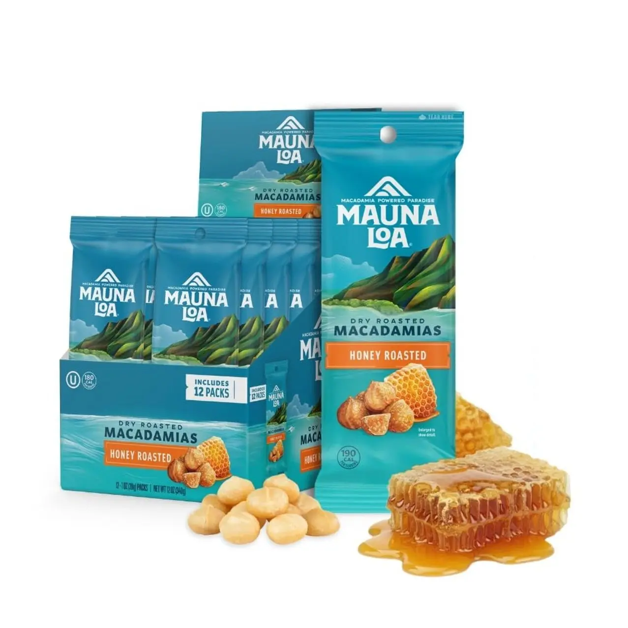 Mauna Loa Honey Roasted Macadamia Nuts, 12 Pack of 1 oz Single Serve Snack Bags, Gluten Free, Sweet & Crunchy Hawaiian Snack