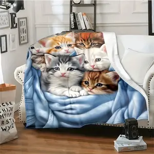 Kitten Printed Flannel Blanket - Flannel Material, Tiger Patch and Tailcoat Design with Turmeric, White, Black, Brown Patches - Lightweight, Soft, Warm All-Season Travel-Friendly Bed, Sofa Blanket, Bed Cover,summervibes