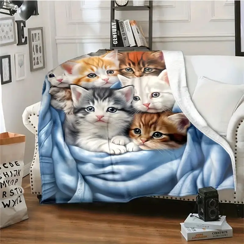 Kitten Printed Flannel Blanket - Animal Artwork, Character-Themed, Color-Patched with Tiger Tailcoat Design, Turmeric White Black Brown Hues, Lightweight Soft Warm All-Season Travel-Friendly Bed & Sofa Blanket, Animal Artwork Blankets, Character-Themed Bl