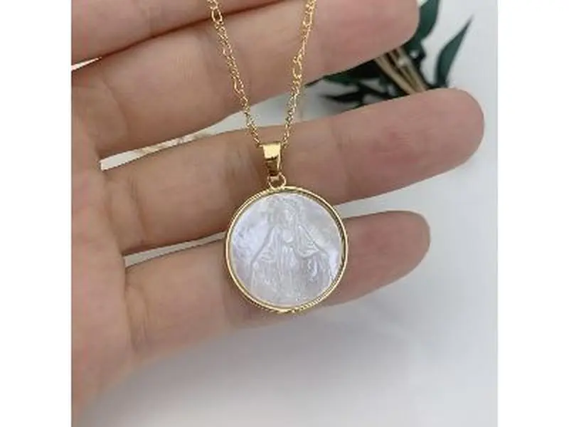 Medal Mother of Pearl Virgin Mary Salvation Miraculous Necklace,Faith Gold Plated Cooper Necklace for Women