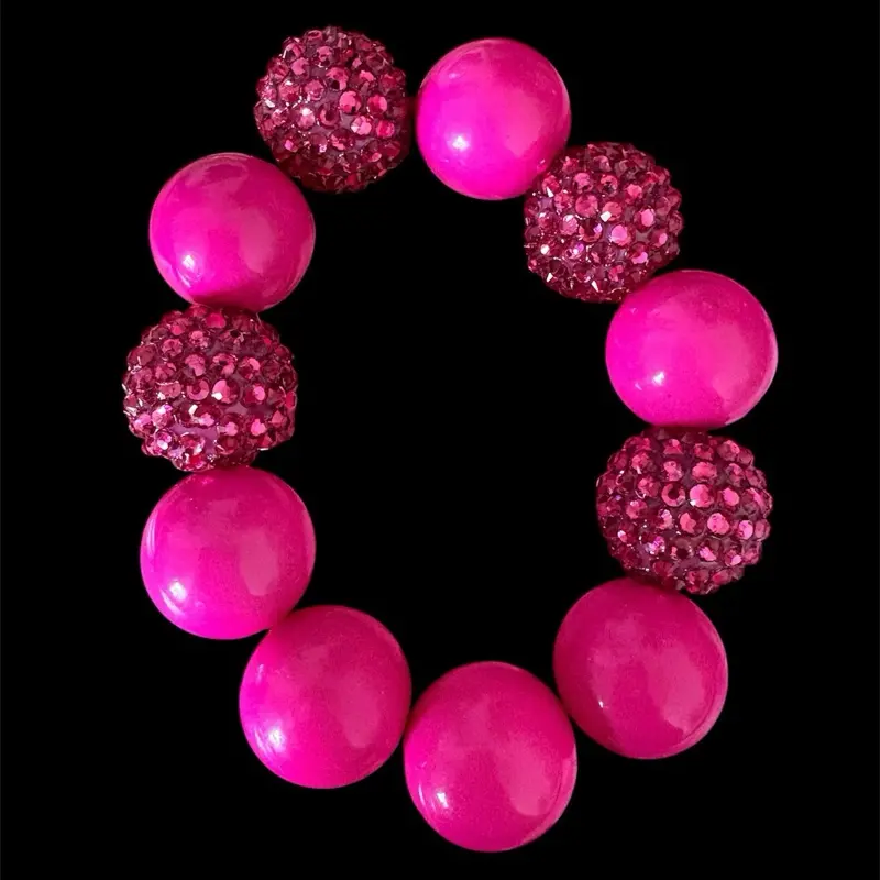 Pink Bubblegum Bead Bracelet with Sparkling Rhinestone Accents for Women's Fashion Jewelry