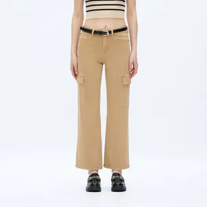 Vogatiques Mid Rise Cargo Jeans Wide Leg Cropped Pants, Stretch Denim Utility Jeans with Pockets for Casual Streetwear