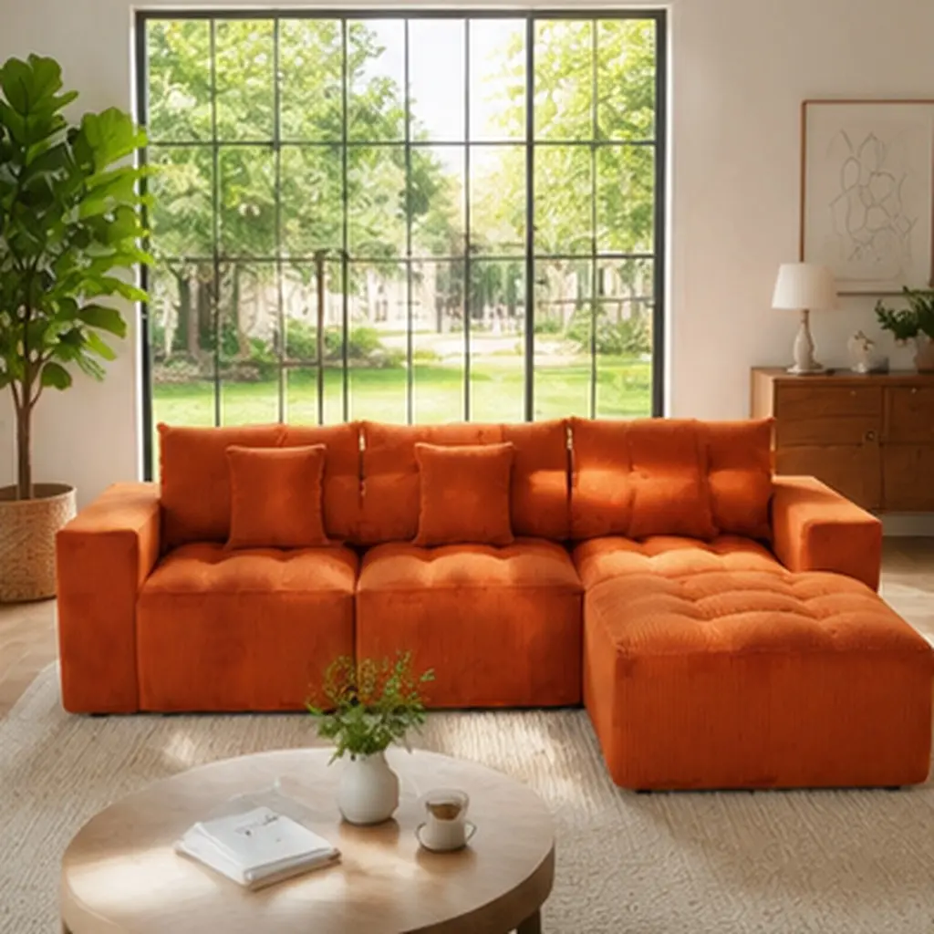 101" L-Shaped Modular Cloud Sofa 3-Seater Corduroy Couch with Movable Footrest DIY Combination Living Room Apartment Orange, Orange Color Options, Corduroy Material, 3 Seat Seat Count, Product Dimensions: 72.05 W x 101.18 D x 29.83 H in