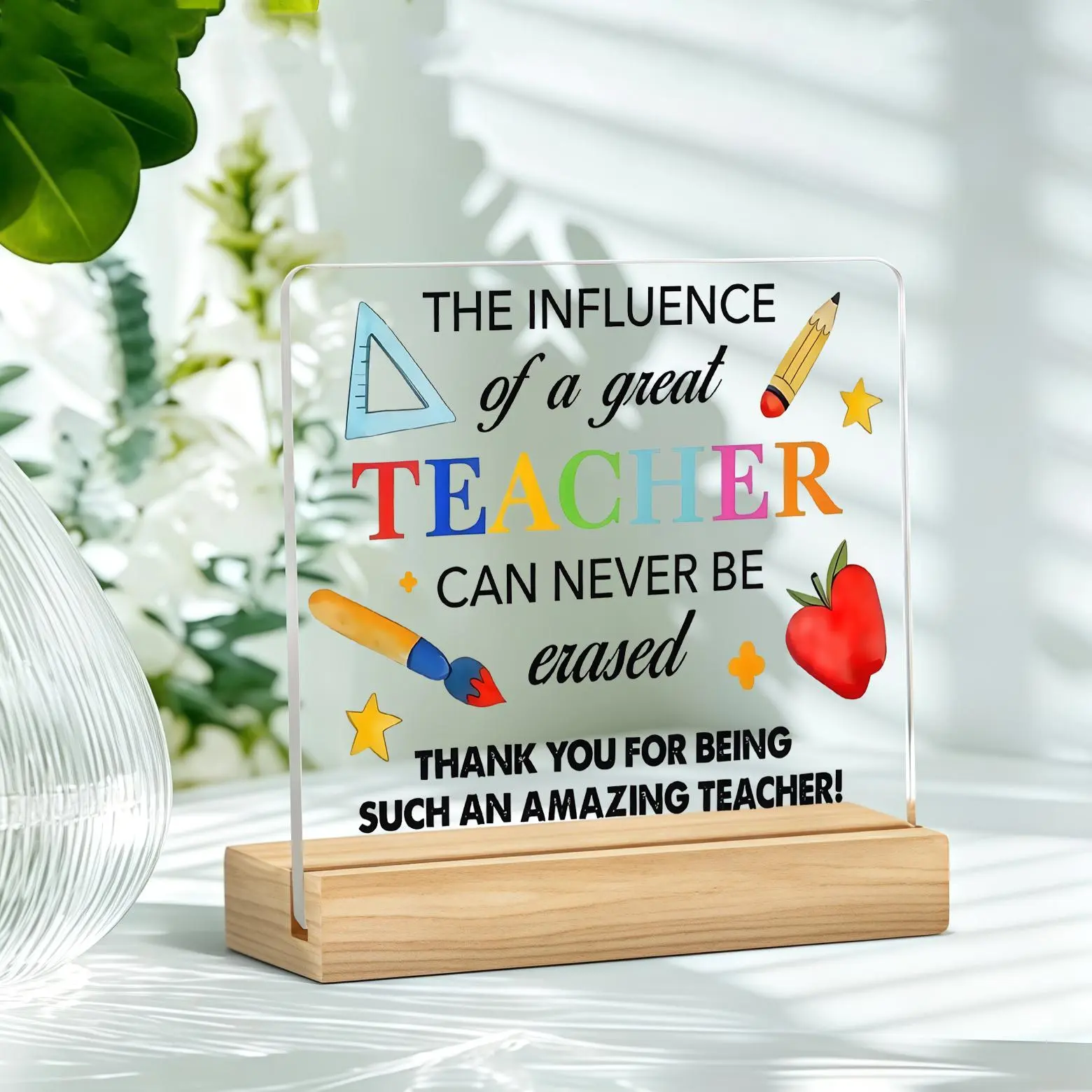 Acrylic Teacher Desk Sign with Wooden Stand, Colorful Apple Ruler Pencil Paintbrush Design, Inspirational Thank You Decor Gift for Teacher Appreciation Back to School Christmas Educator