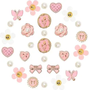 30-Piece Pink Shoe Charm Set with Pearl Flowers Rhinestone Sparkle Chain Details Cute Trendy Bling Accessories for Clogs Perfect for Parties Birthdays and Everyday Style