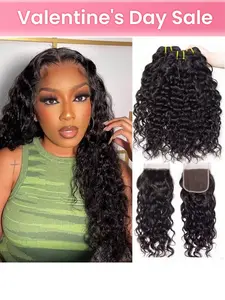 Water Wave Human Hair Bundles with Closure, Curly Weave Extensions, Raw Human Hair 100% Unprocessed Brazilian Virgin Hair 3 Bundles with Closure, 4x4 Free Part, Valentine Gifts