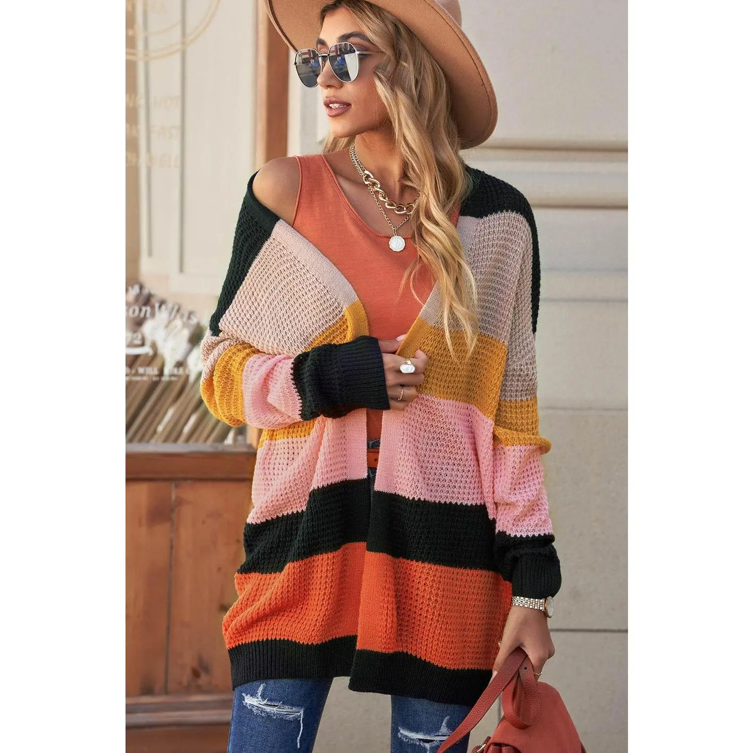 Striped Waffle Knit Open Front Cardigan