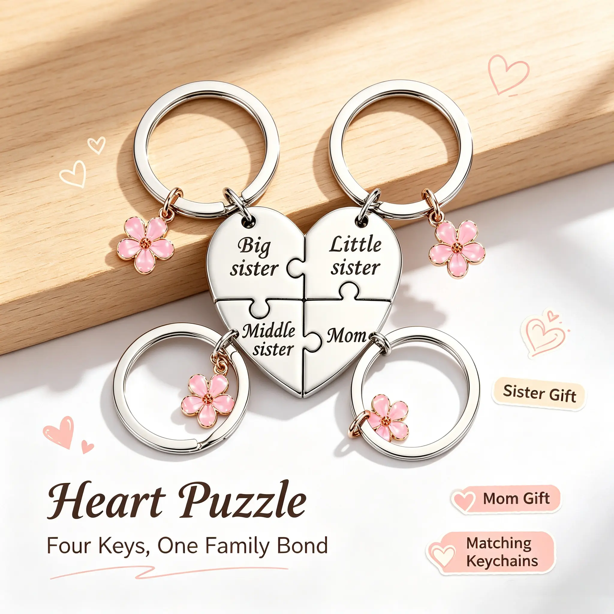 Mother Daughter Keychain for 4,Mother Big Sister Middle sister Little Sister Keychain for 4, Sweet Meaningful Gift for Mom for Mother's Day, Birthday, Christmas or Just Because