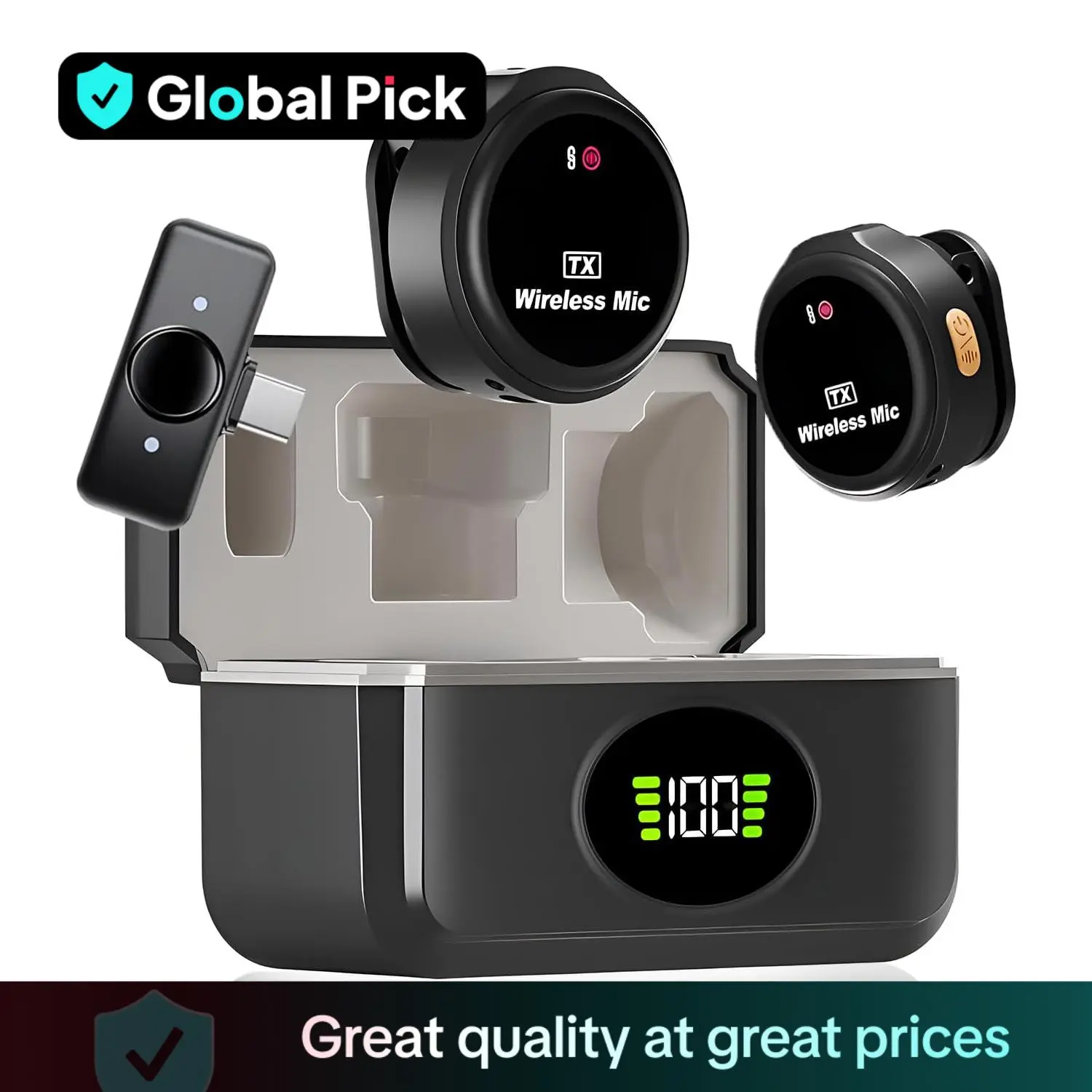 Wireless Microphone with Charging Case, USB Rechargeable Lavalier Microphone, Noise Cancelling Mic for Vlog Live Streaming, Audio