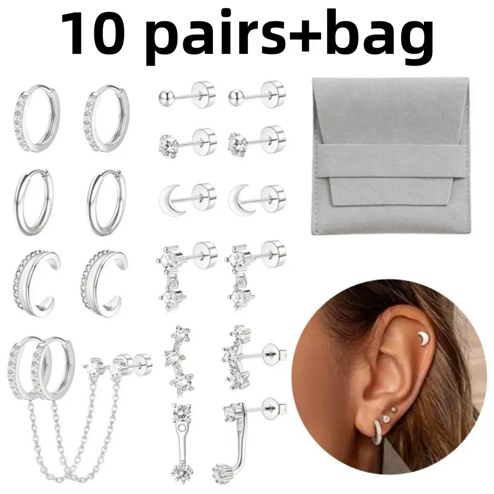 10 piece Stainless Steel Flat Back Stud Earrings Hypoallergenic Flat Back Earrings Dainty Stackable Earring for Girls Multiple Piercing