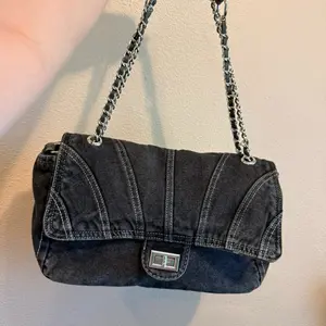 Dark Denim Shoulder Crossbody Bag with Chain Strap and Metal Buckle